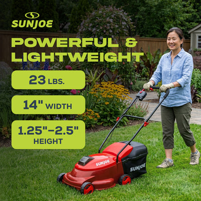 Sun Joe Cordless Lawn Mower, 28V, 14", 10.6 Gal Detachable Bag, MJ401C-XR-RED