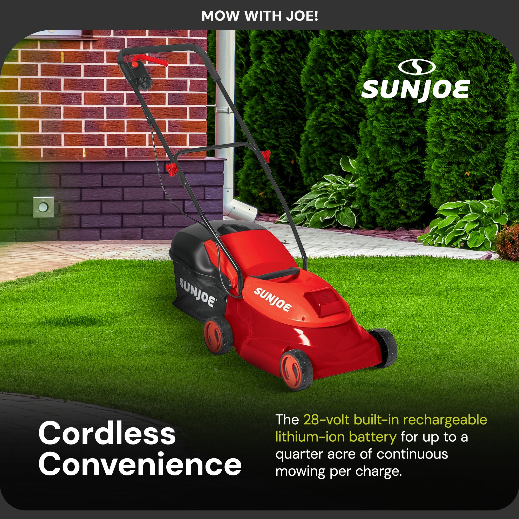 Sun Joe Cordless Lawn Mower, 28V, 14", 10.6 Gal Detachable Bag (Open Box)