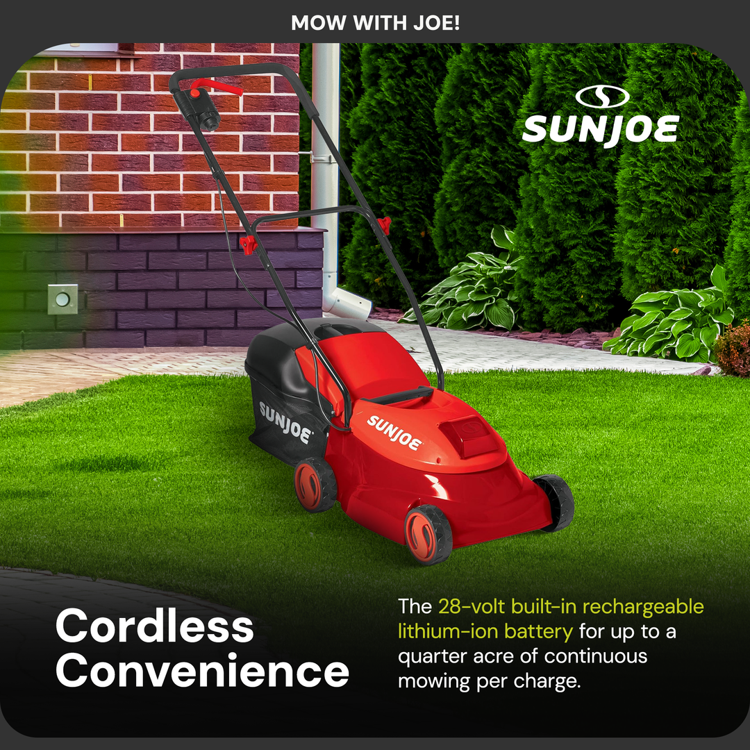 Sun Joe Cordless Lawn Mower, 28V, 14", 10.6 Gal Detachable Bag (Open Box) - VMInnovations