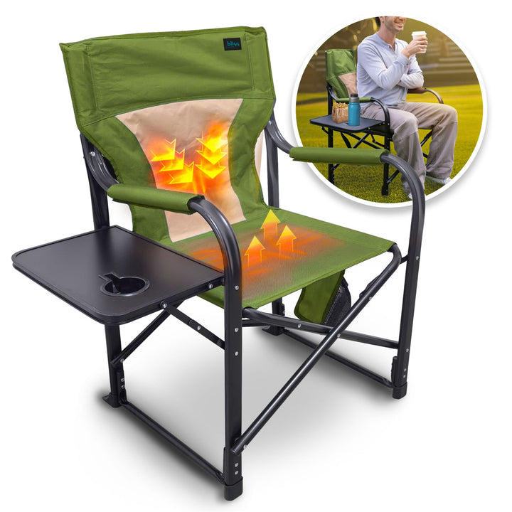 Bliss Hammocks 24V Heated Directors Seat 21 Inch Wide Steel Camping Chair, Green