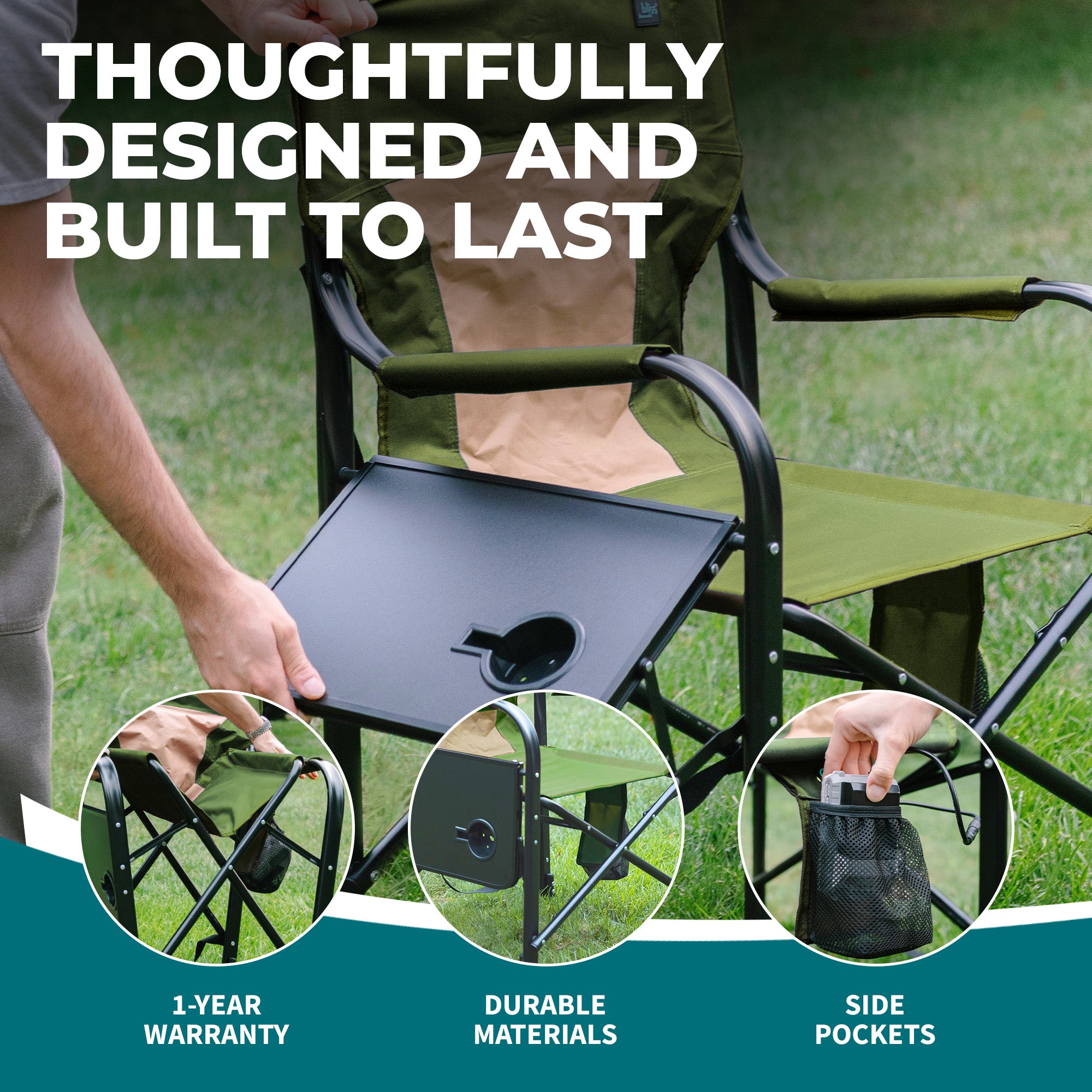 Bliss Hammocks 24V Heated Seat, Folding Chair w/Battery & 3 Heat Settings, Green - VMInnovations