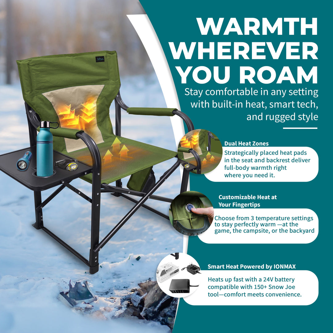 Bliss Hammocks 24V Heated Directors Seat 21 Inch Wide Steel Camping Chair, Green