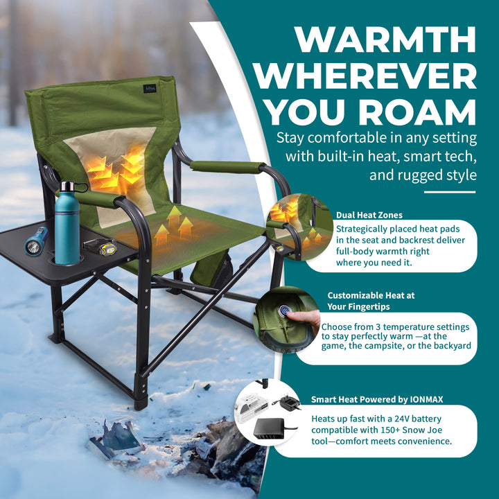 Bliss Hammocks 24V Heated Directors Seat 21 Inch Wide Steel Camping Chair, Green