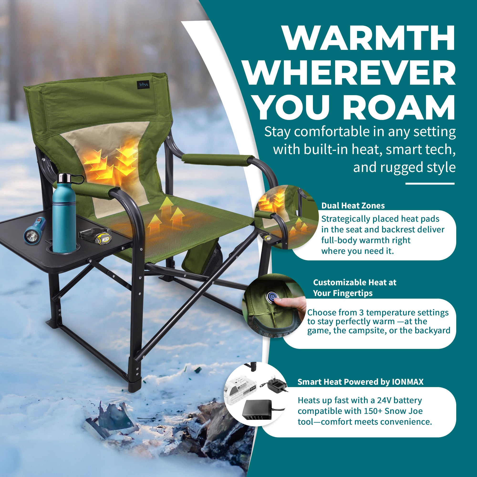 Bliss Hammocks 24V Heated, Folding Chair w/Battery & 3 Heat Settings (Open Box) - VMInnovations