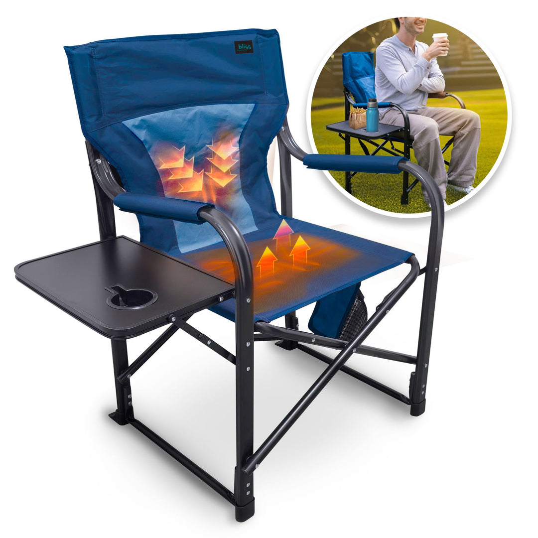 Bliss Hammocks 24V Heated Directors Seat 21 Inch Wide Steel Camping Chair, Blue