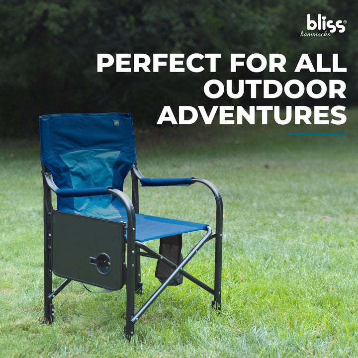 Bliss Hammocks 24V Heated Directors Seat 21 Inch Wide Steel Camping Chair, Blue