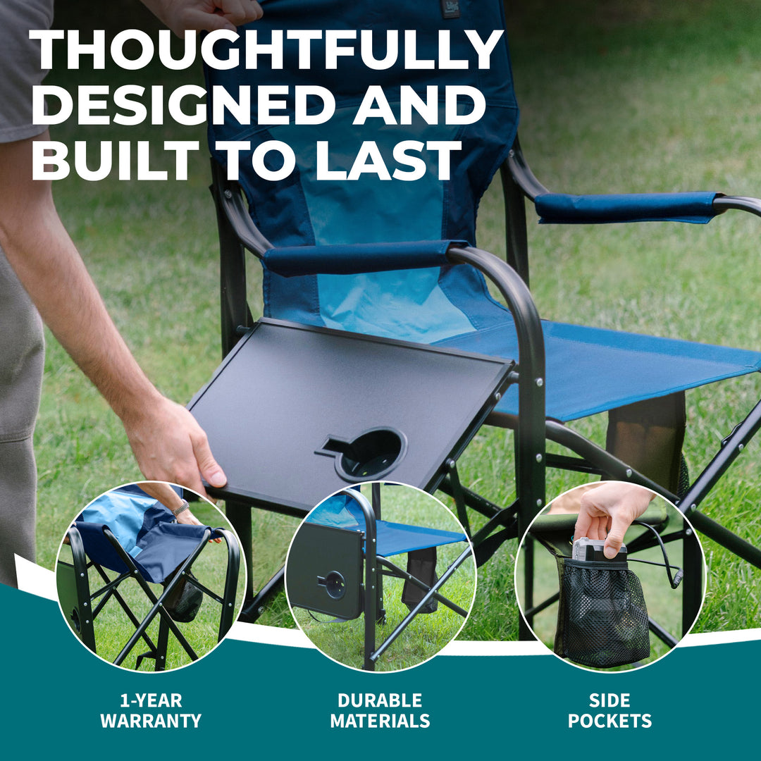 Bliss Hammocks 24V Heated Directors Seat 21 Inch Wide Steel Camping Chair, Blue