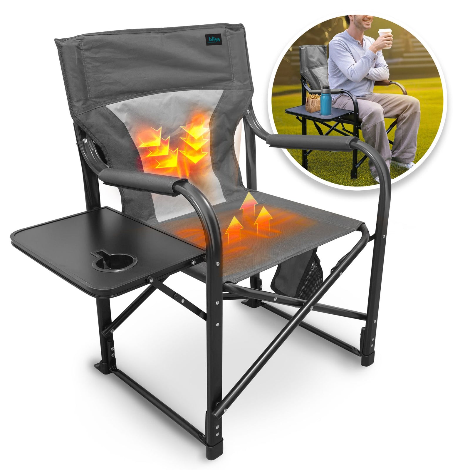 Bliss Hammocks 24V Heated Seat, Folding Chair w/Battery & 3 Heat Settings, Gray - VMInnovations