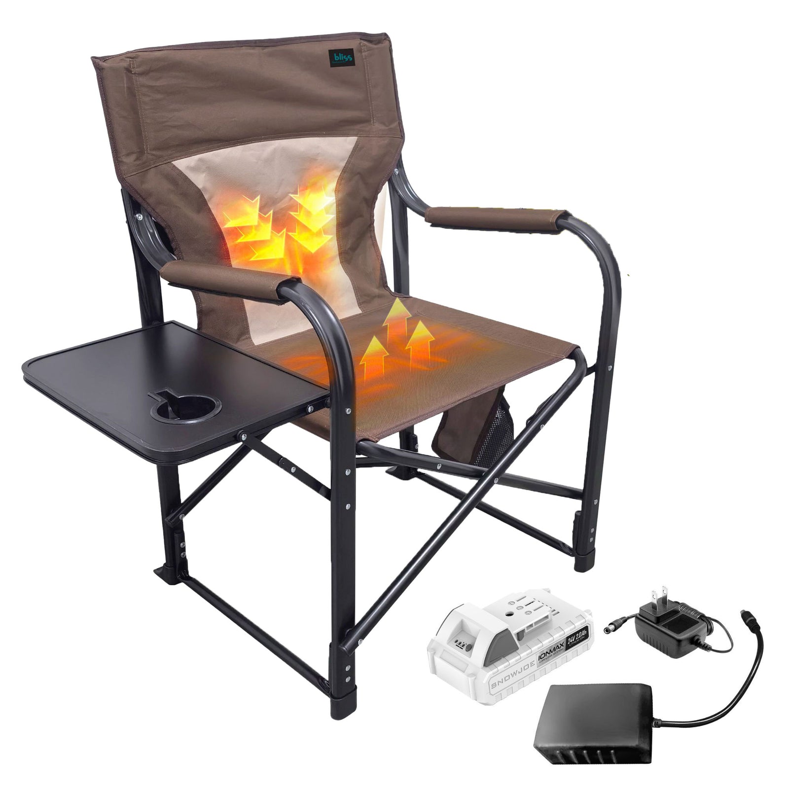 Bliss Hammocks 24V Heated Seat, Folding Chair w/Battery & 3 Heat Settings, Brown - VMInnovations