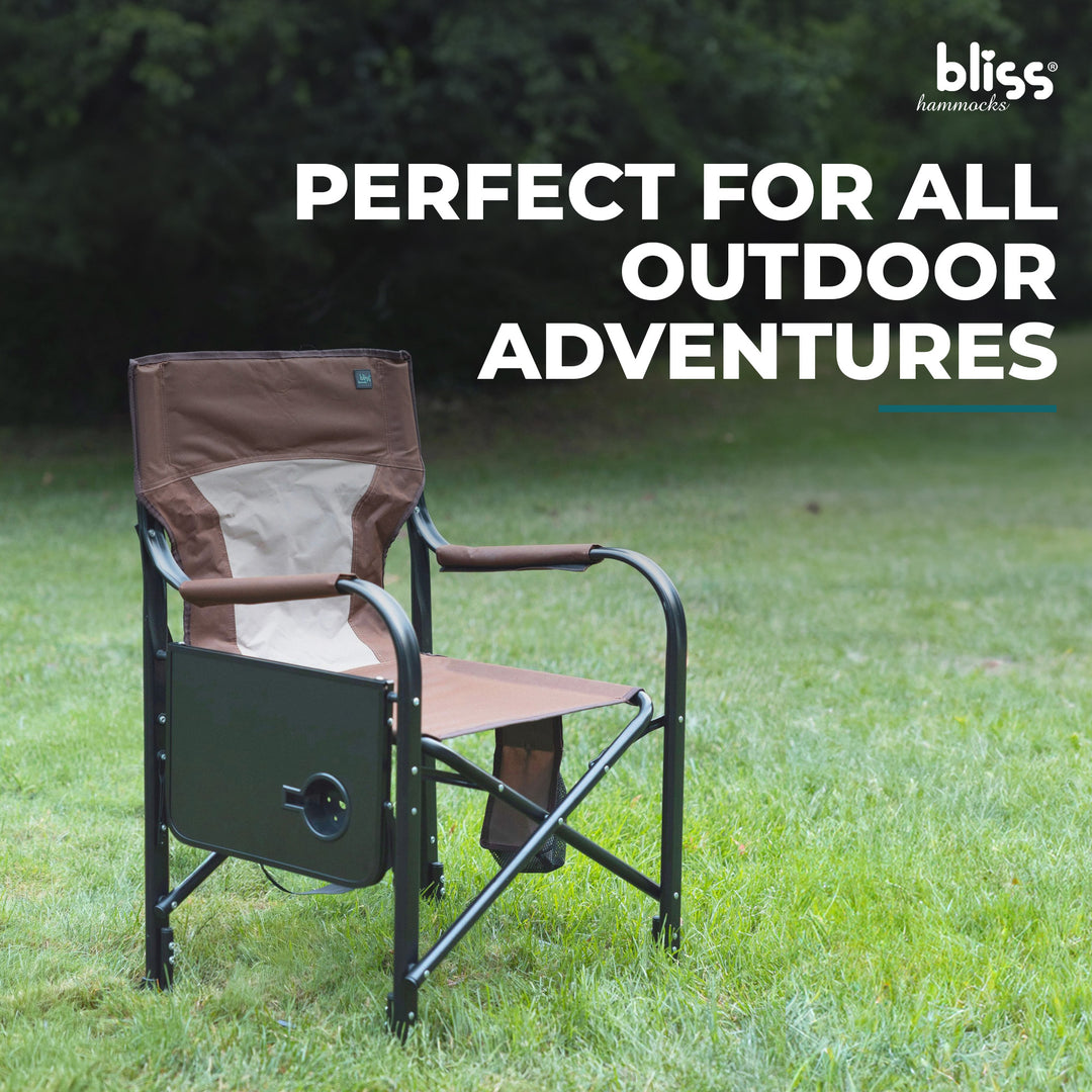 Bliss Hammocks 24V Heated Directors Seat 21 Inch Wide Steel Camping Chair, Brown