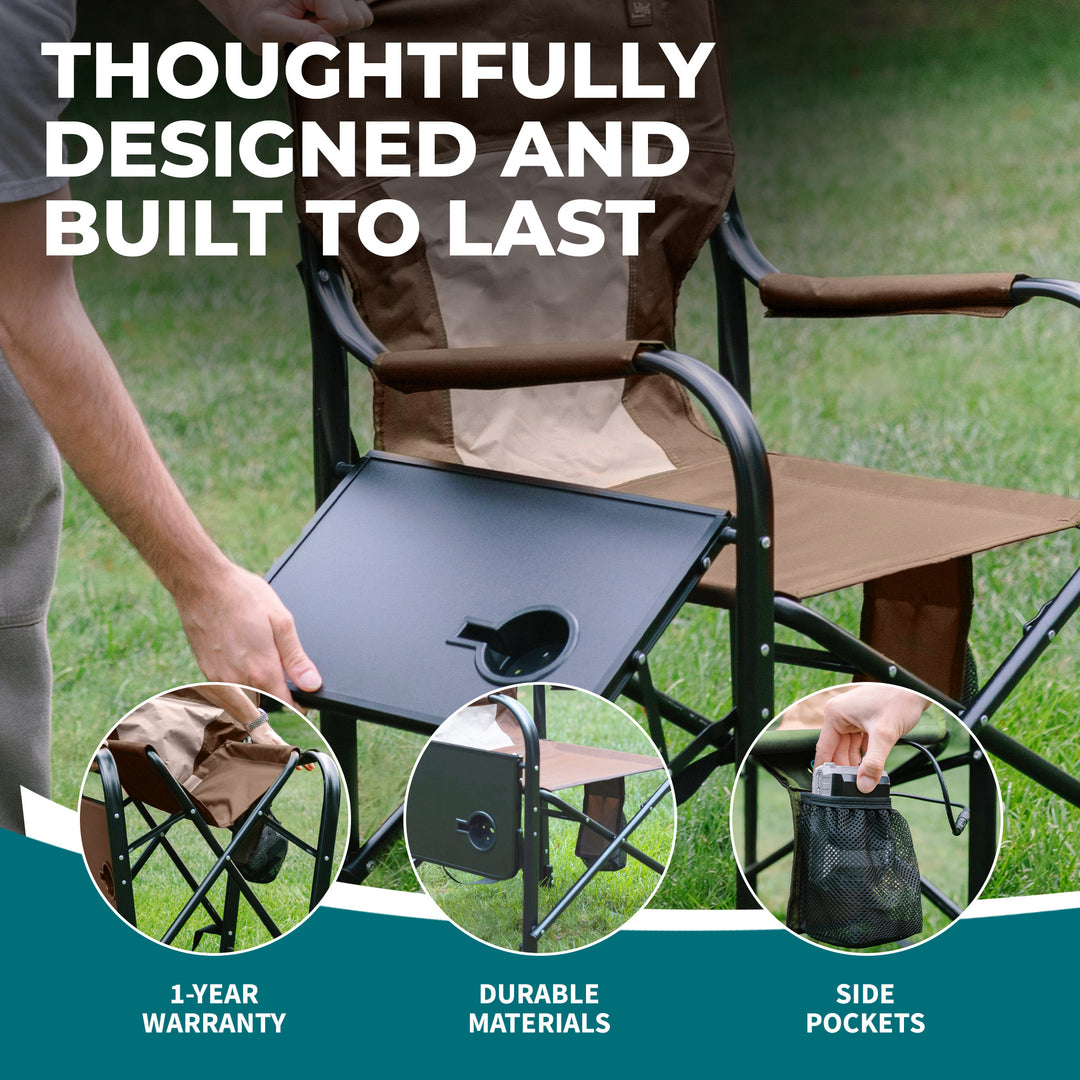 Bliss Hammocks 24V Heated Directors Seat 21 Inch Wide Steel Camping Chair, Brown