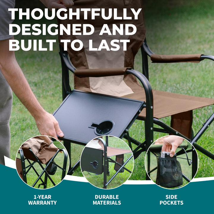 Bliss Hammocks 24V Heated Directors Seat 21 Inch Wide Steel Camping Chair, Brown