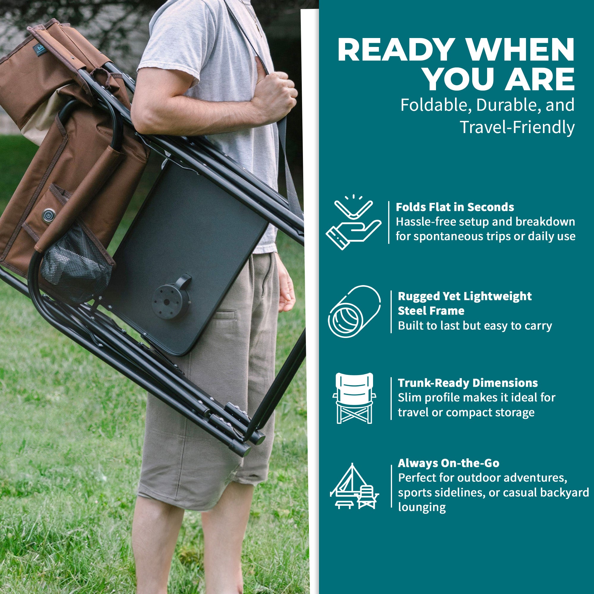 Bliss Hammocks 24V Heated Seat, Folding Chair w/Battery & 3 Heat Settings, Brown - VMInnovations
