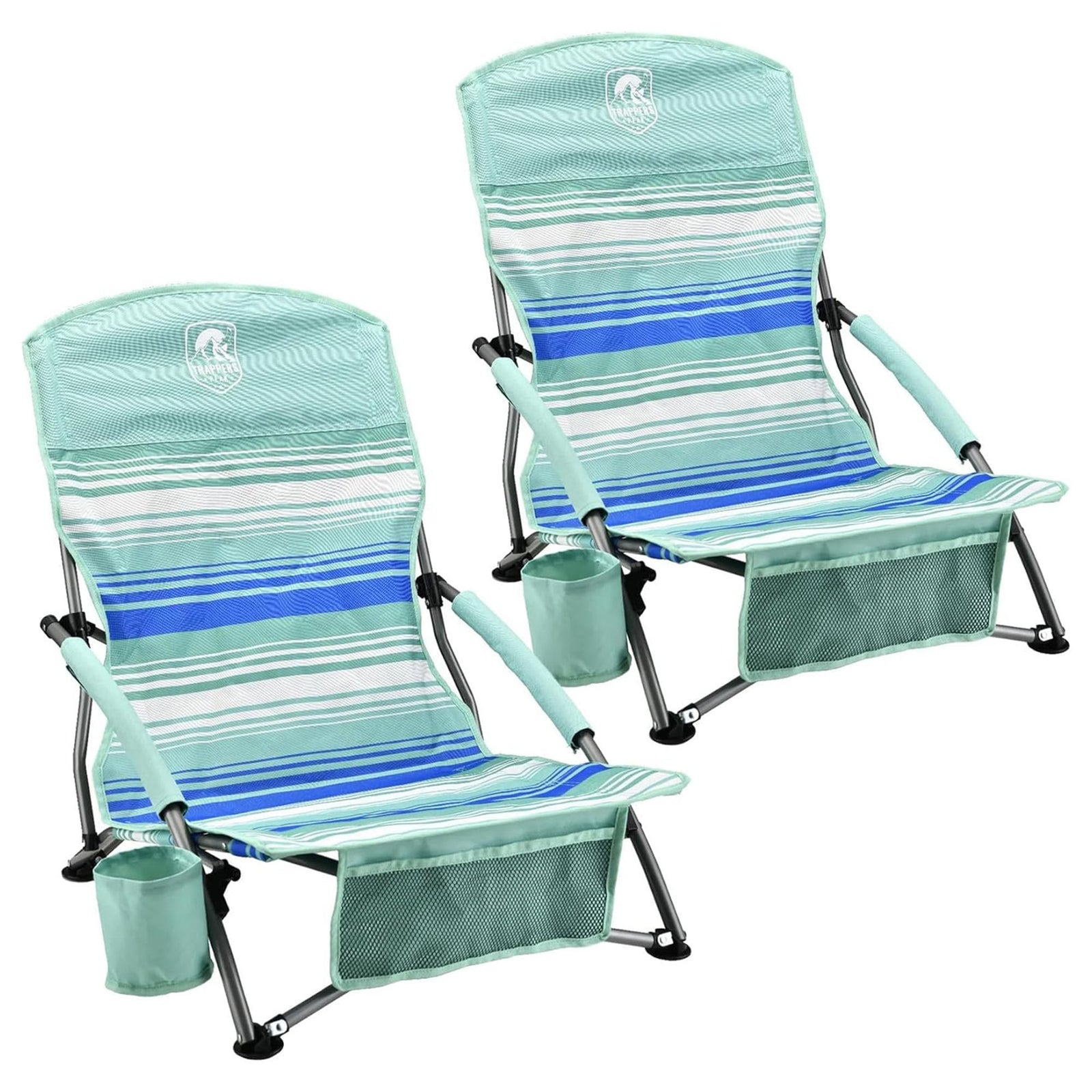 Trapper’s Peak 2 Pack Low Profile Folding Beach Chairs, Cup Holder, Bag, Green - VMInnovations