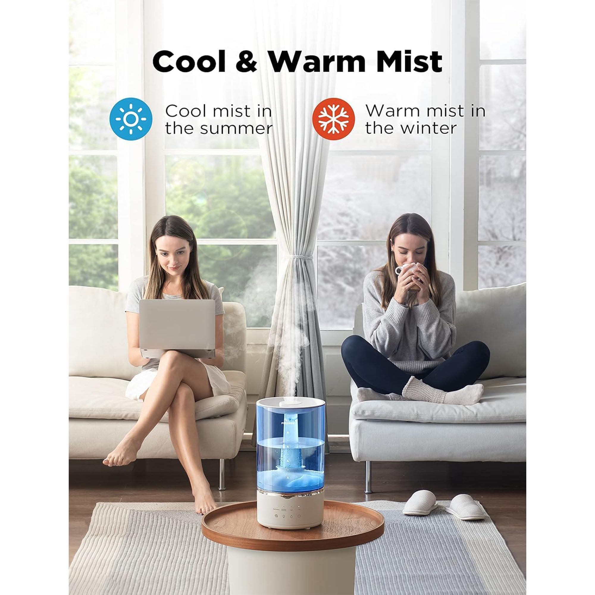 Pelonis 4L Quiet Ultrasonic Warm Cool Mist Bedroom Humidifier Diffuser, White - VMInnovations