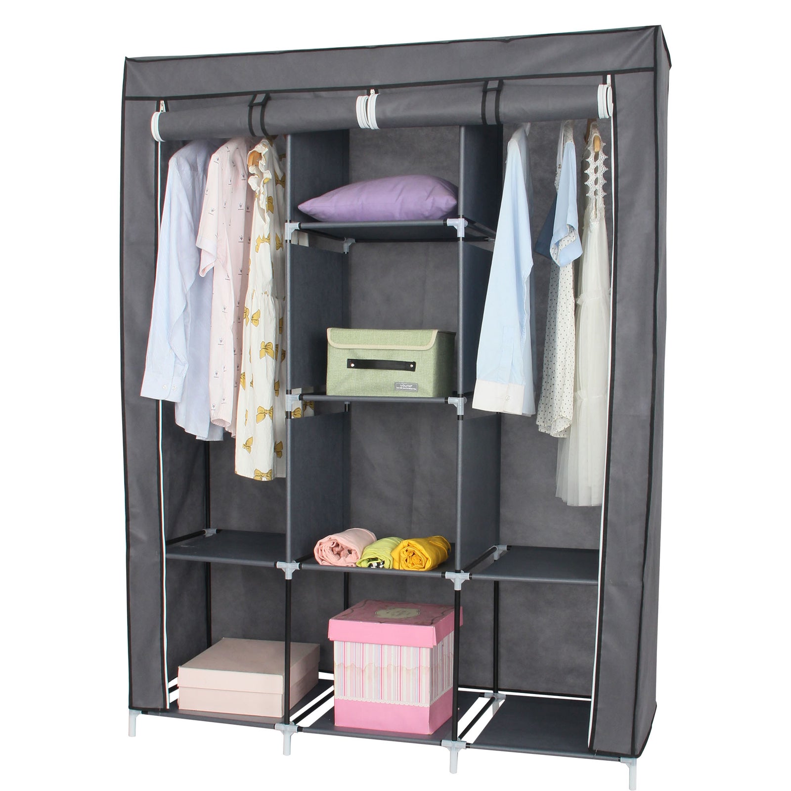Neat Living Portable Wardrobe Closet Organizer, Cover, Shelves for Clothes, Gray - VMInnovations