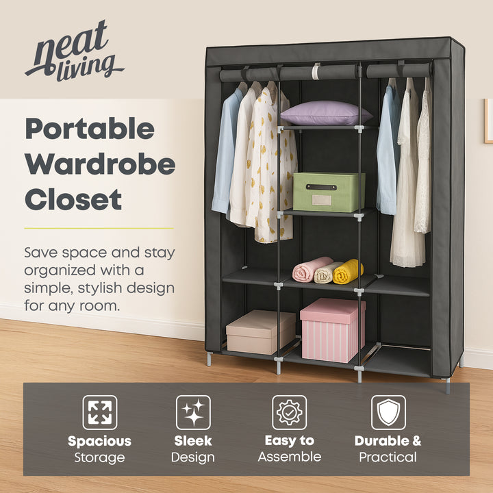 Neat Living Portable Wardrobe Closet Organizer, Cover, Shelves for Clothes, Gray