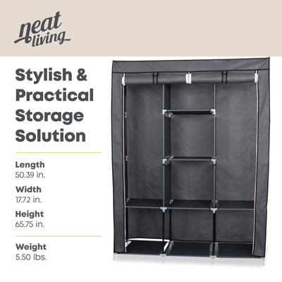 Neat Living Portable Wardrobe Closet Organizer, Cover, Shelves for Clothes, Gray - VMInnovations