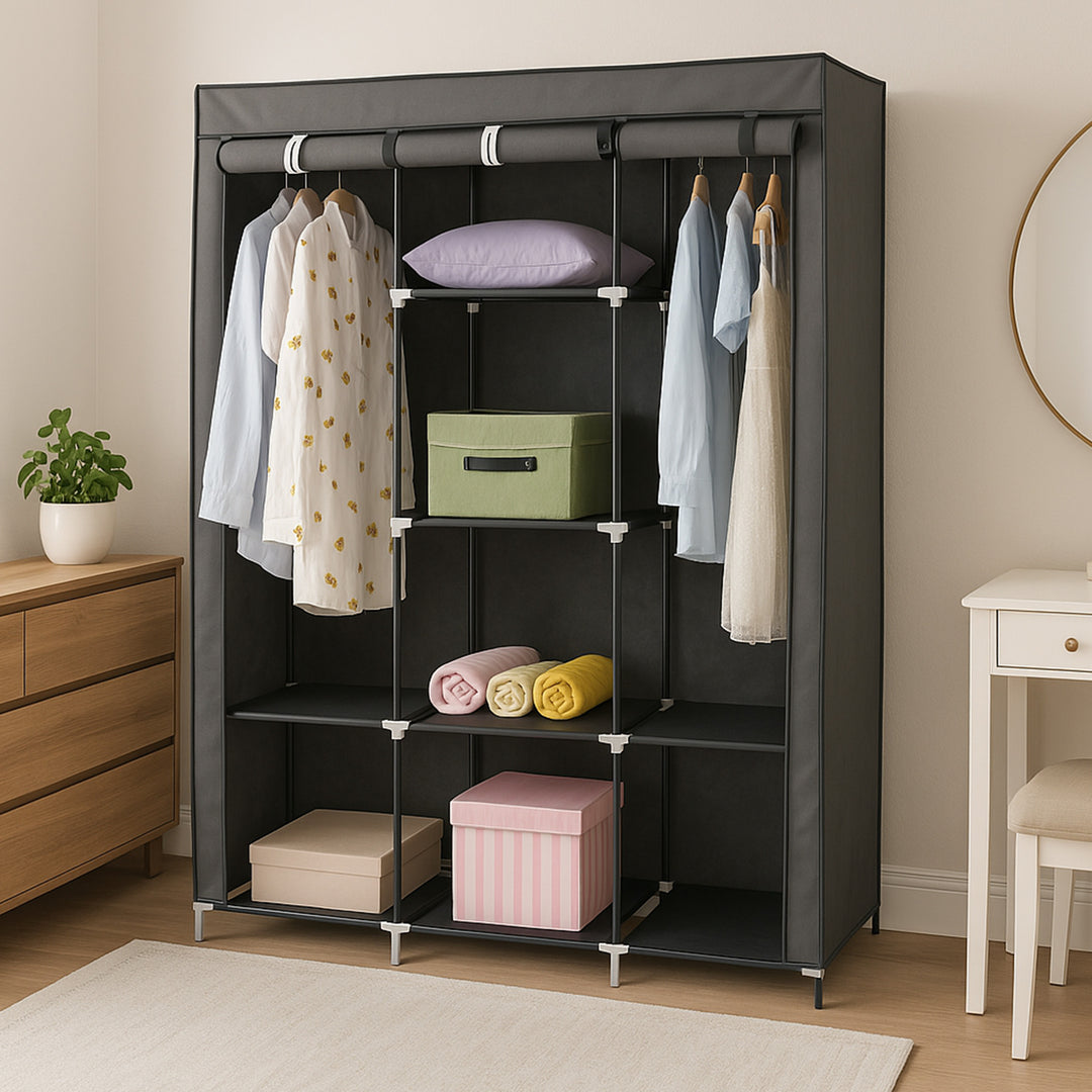 Neat Living Portable Wardrobe Closet Organizer, Cover, Shelves for Clothes, Gray