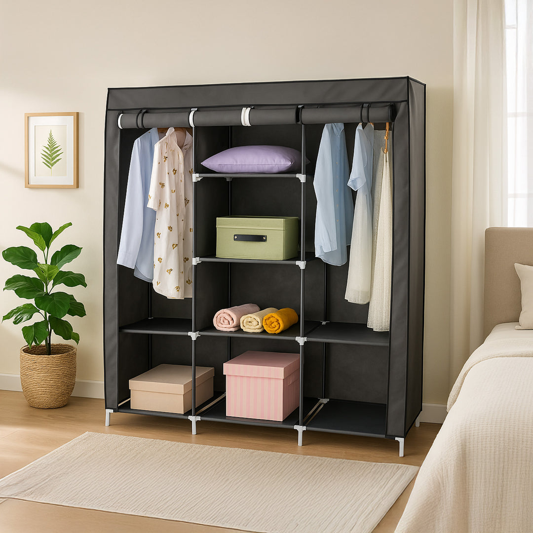 Neat Living Portable Wardrobe Closet Organizer, Cover, Shelves for Clothes, Gray