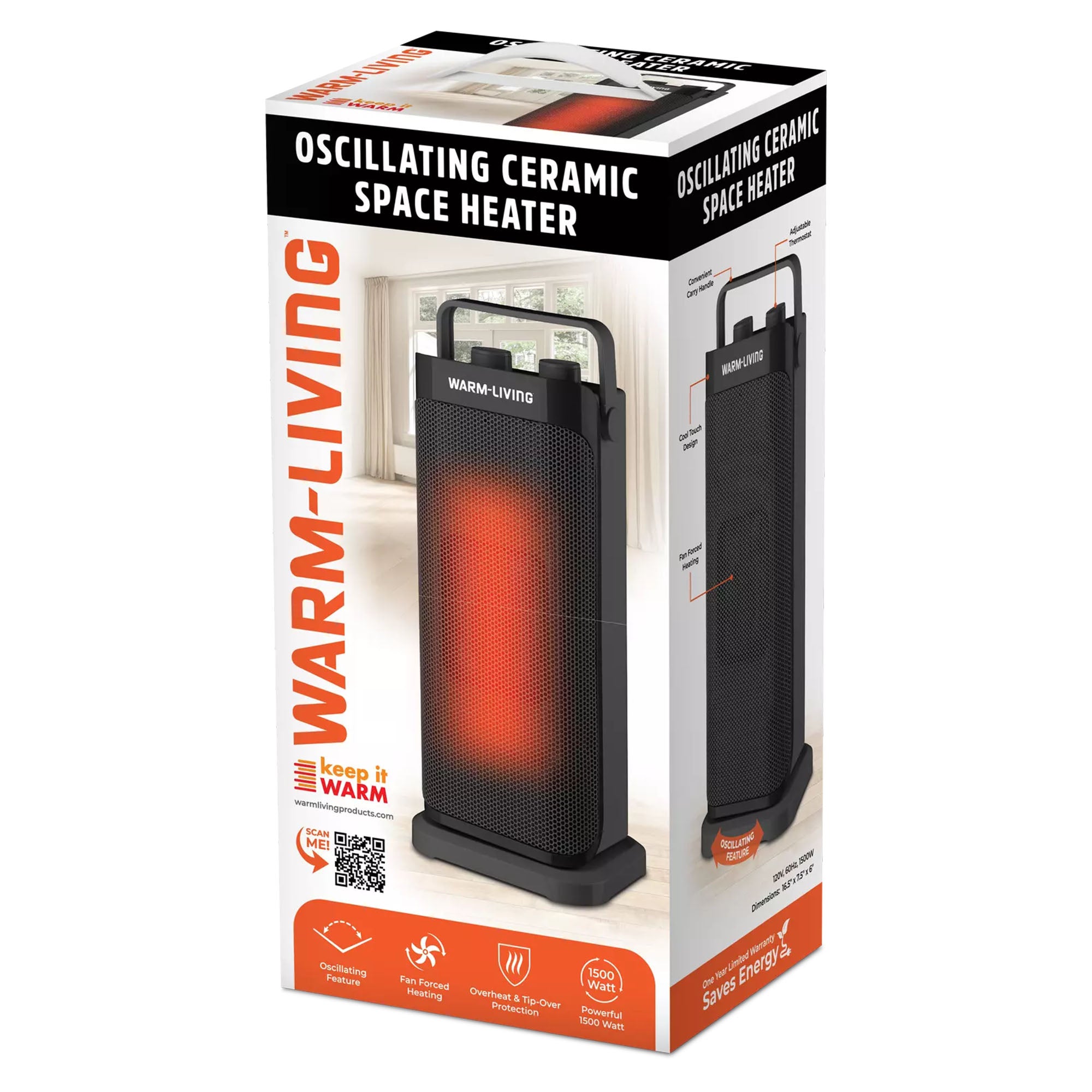 Warm-Living 16" Oscillating Ceramic Space Heater with 3 Heat Settings, Black - VMInnovations