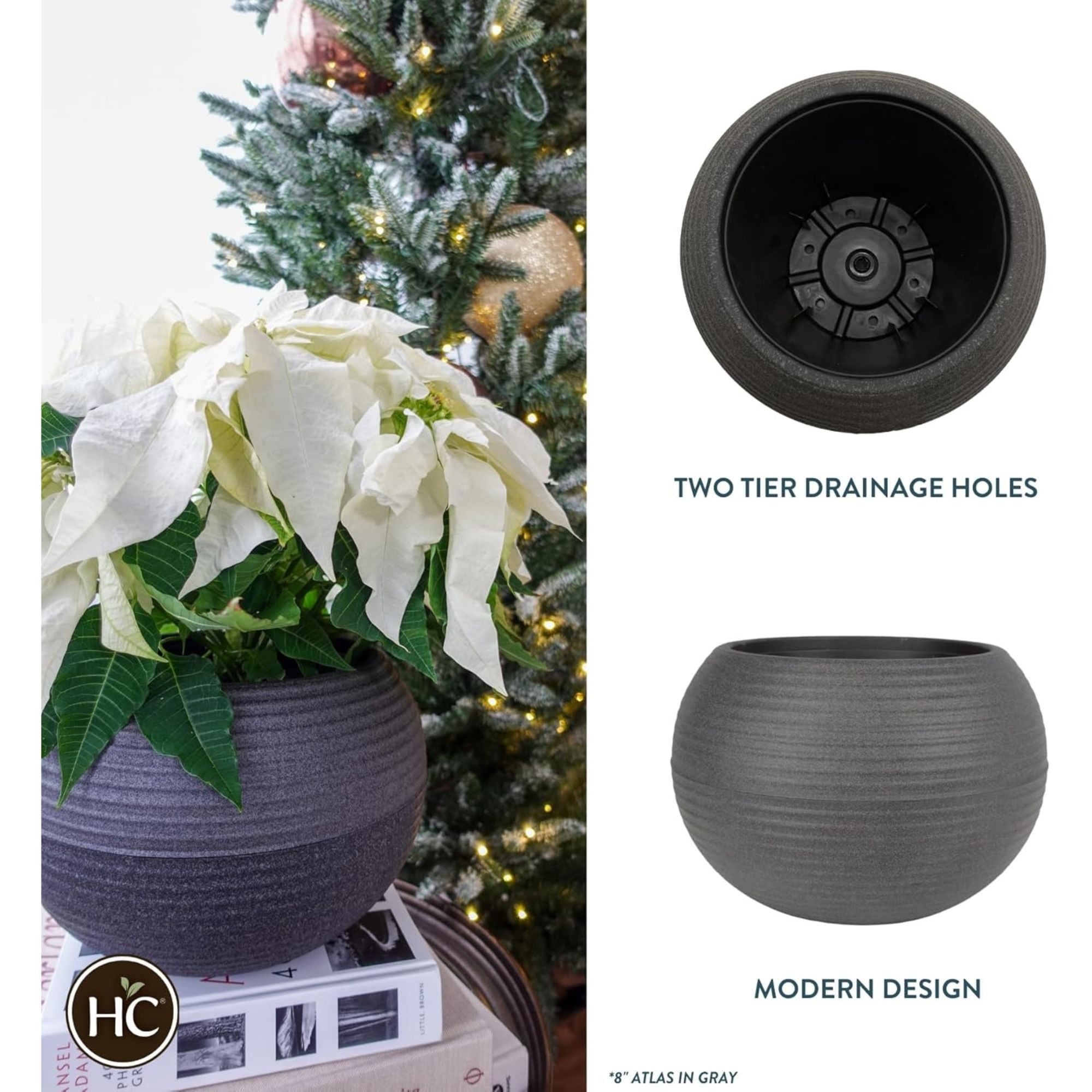 The HC Companies 8 Inch Atlas Sphere Planter, Round Plastic Pot, Gray (Open Box) - VMInnovations