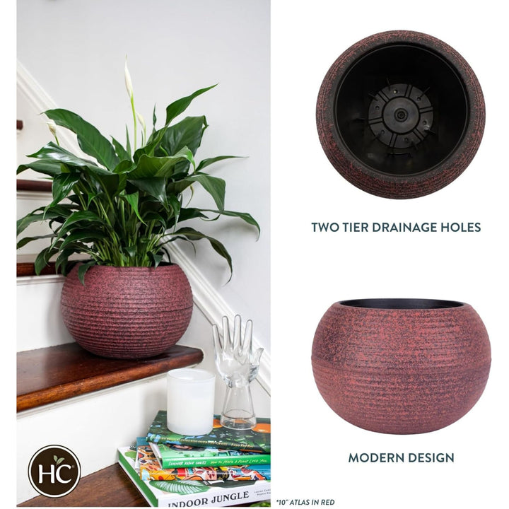 The HC Companies 10 Inch Atlas Sphere Planter, Round Plastic Plant Pot, Red