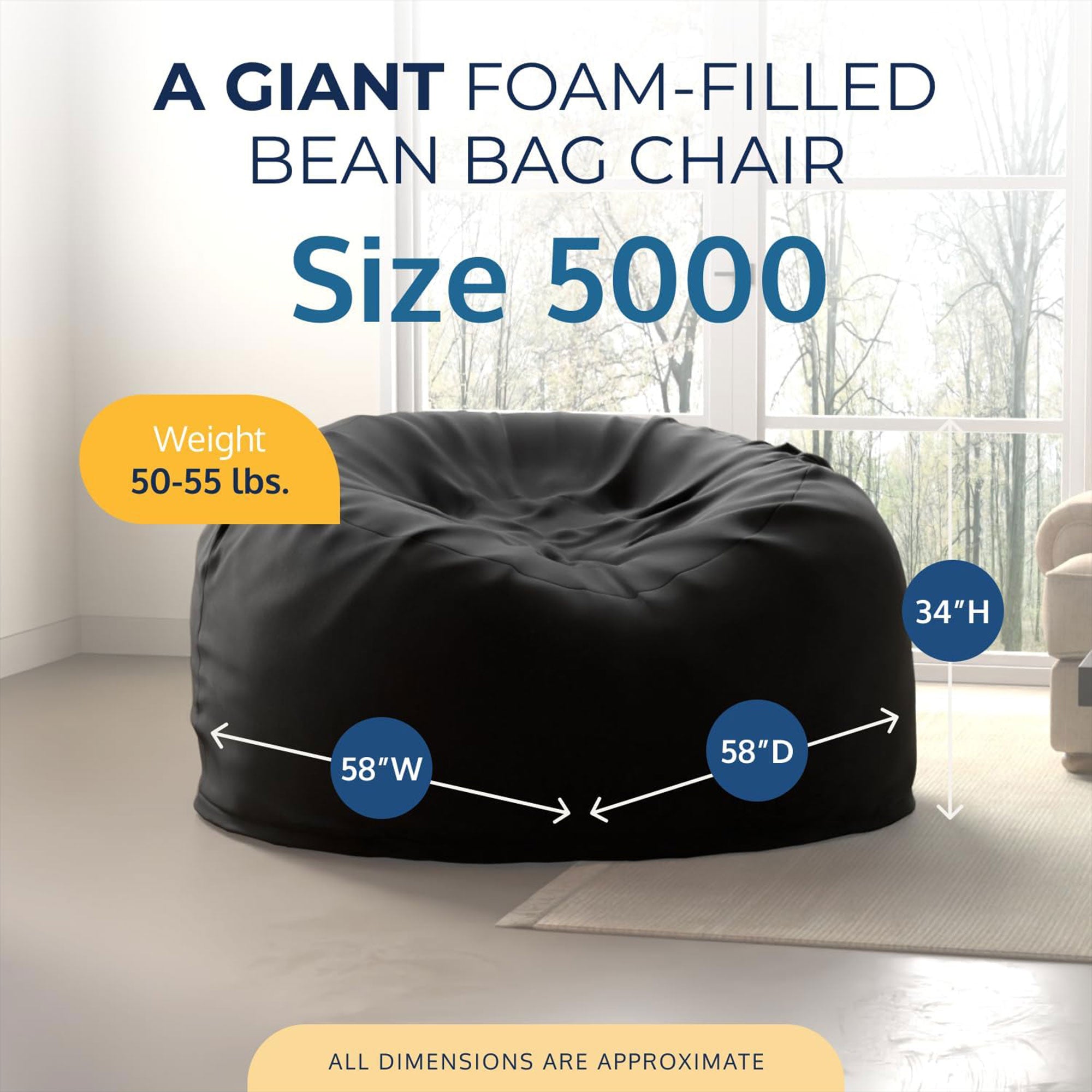Ultimate Sack 5ft Bean Bag Chair & Footstool, Oversized Lounger, Black(Open Box)