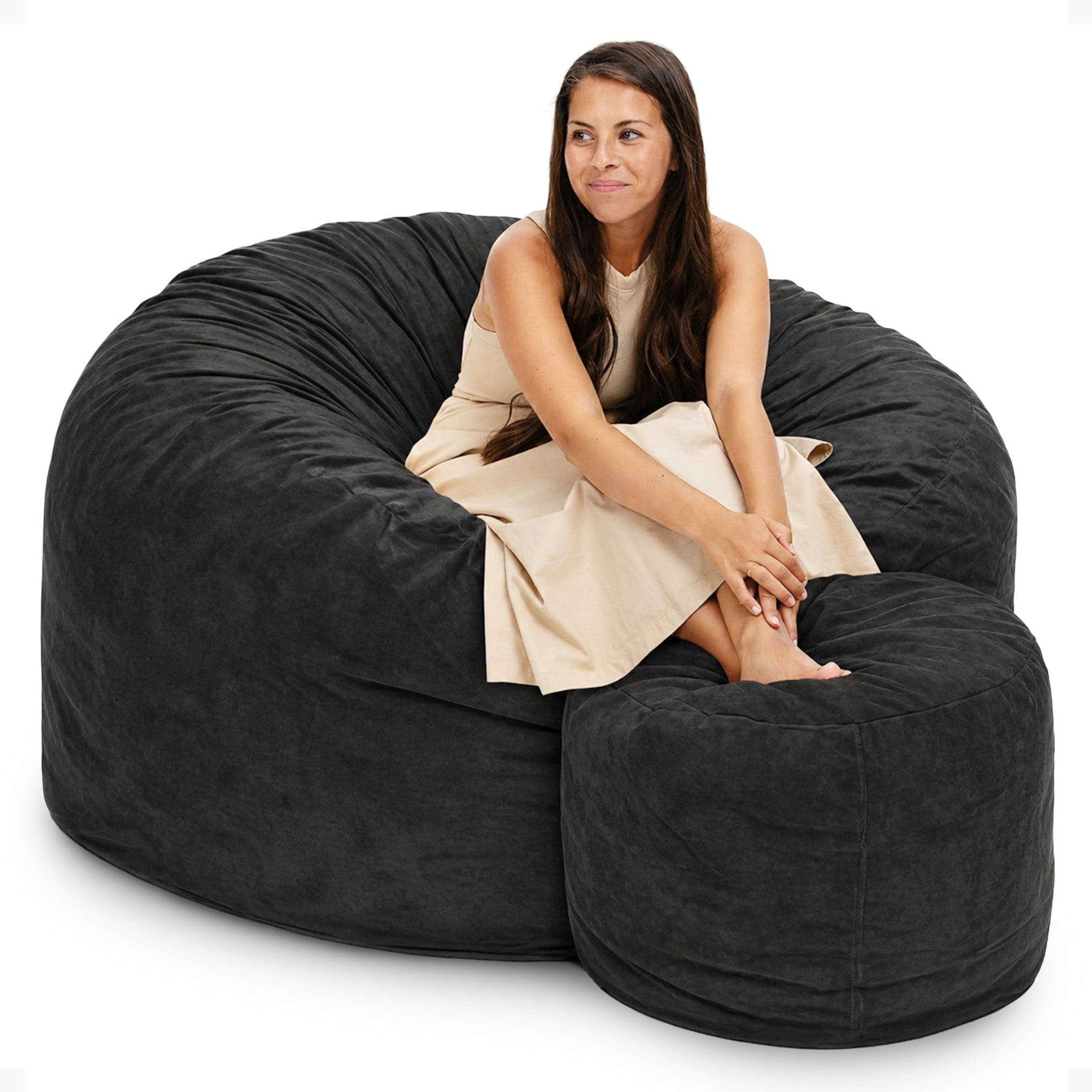 Ultimate Sack 5ft Bean Bag Chair and Footstool, Oversized Lounger, Black Suede - VMInnovations