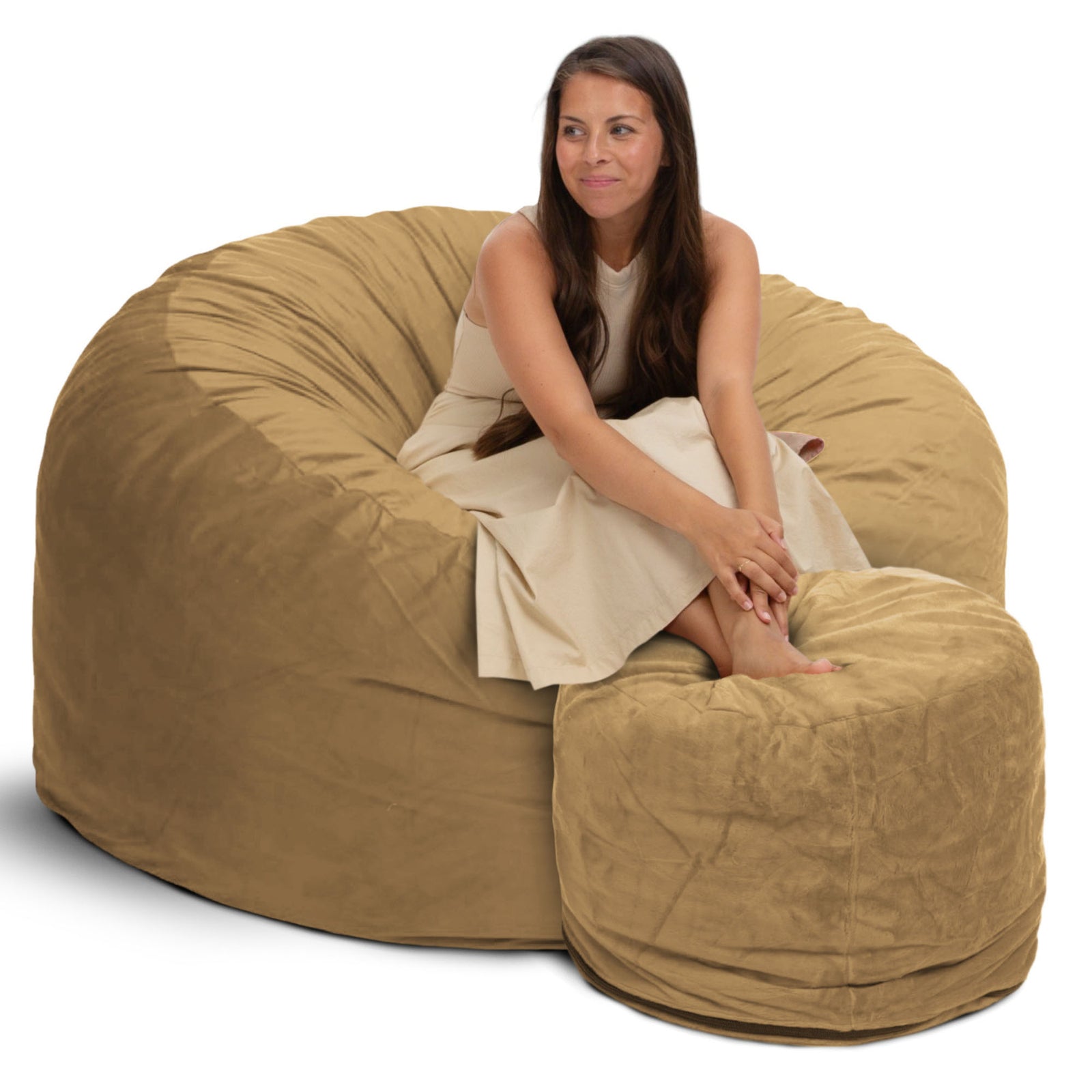Ultimate Sack 5ft Bean Bag Chair and Footstool, Oversized Lounger, Camel Suede - VMInnovations