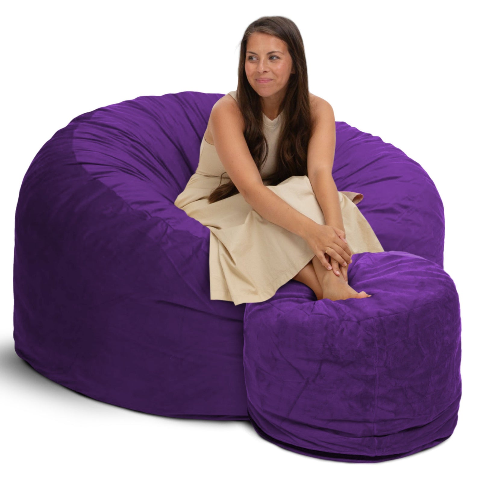 Ultimate Sack 4ft Bean Bag Chair and Footstool, Oversized Lounger, Purple Suede - VMInnovations