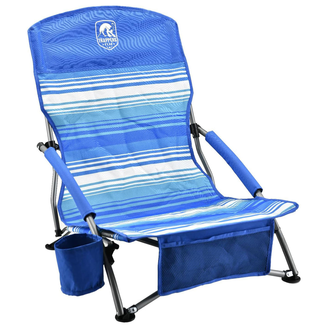 Trapper’s Peak 2 Pack Low Profile Folding Beach Chairs, Cup Holder, Bag, Blue