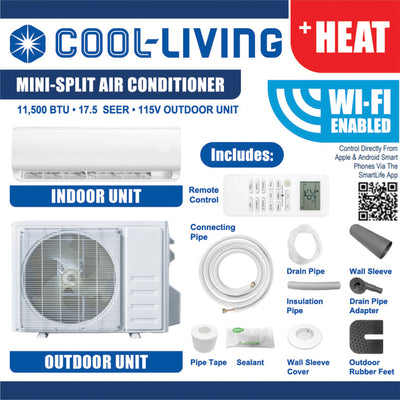 Cool-Living 11000 BTU Mini Split Air Conditioner with WiFi & Remote, 550 sq ft