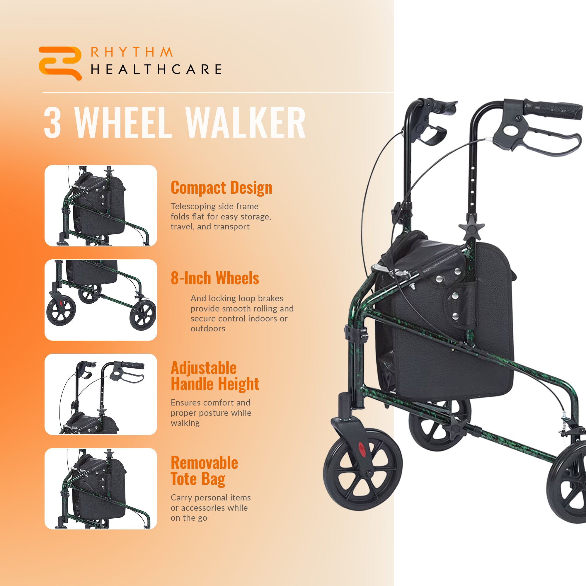 Rhythm Healthcare Rally Lite Aluminum 3-Wheel Folding Walker with Tote, Green - VMInnovations
