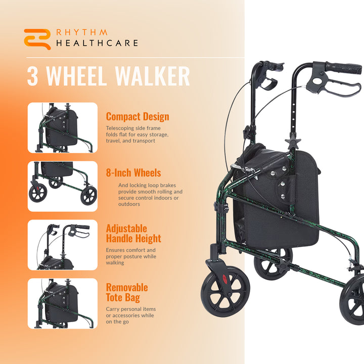 Rhythm Healthcare Rally Lite Aluminum 3-Wheel Folding Walker with Tote, Green