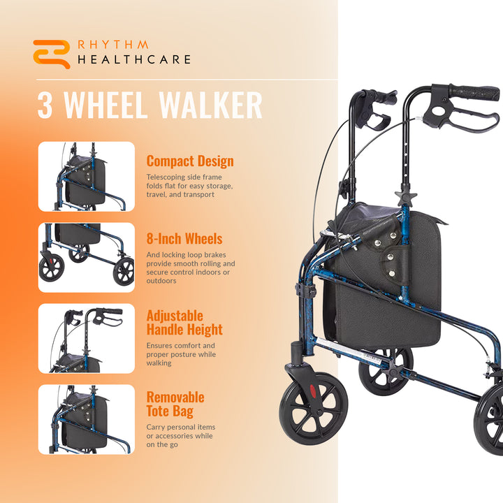 Rhythm Healthcare Rally Lite Aluminum 3-Wheel Folding Walker with Tote, Blue