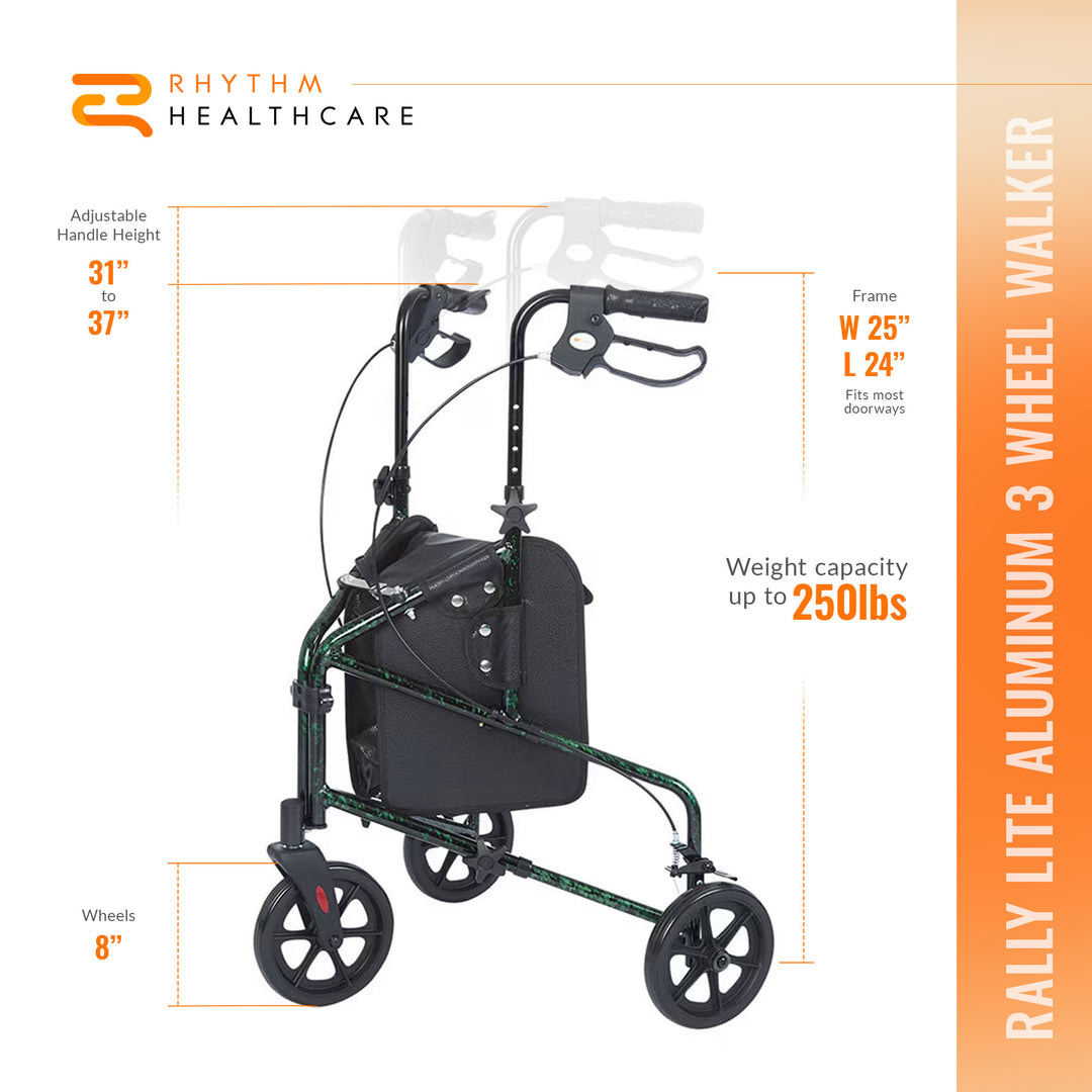 Rhythm Healthcare Rally Lite Aluminum 3-Wheel Folding Walker with Tote, Green