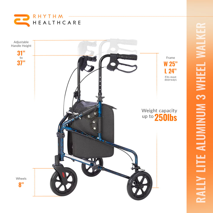Rhythm Healthcare Rally Lite Aluminum 3-Wheel Folding Walker with Tote, Blue