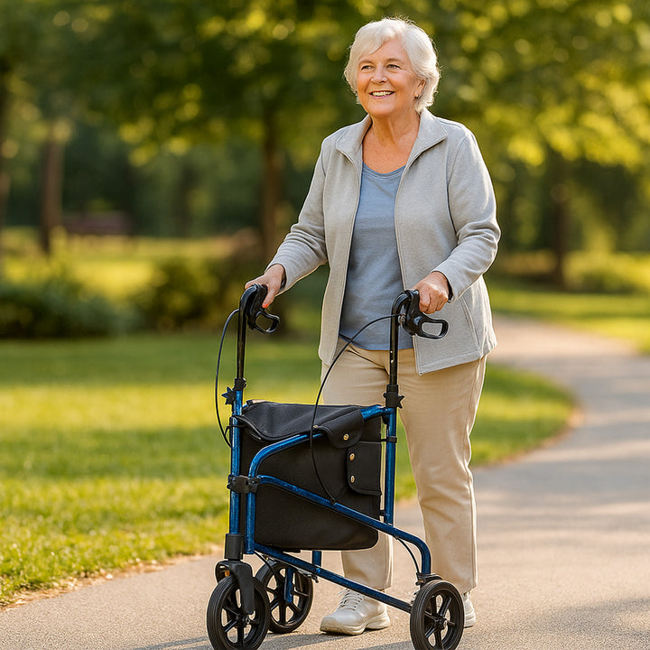 Rhythm Healthcare Rally Lite Aluminum 3-Wheel Folding Walker with Tote, Blue