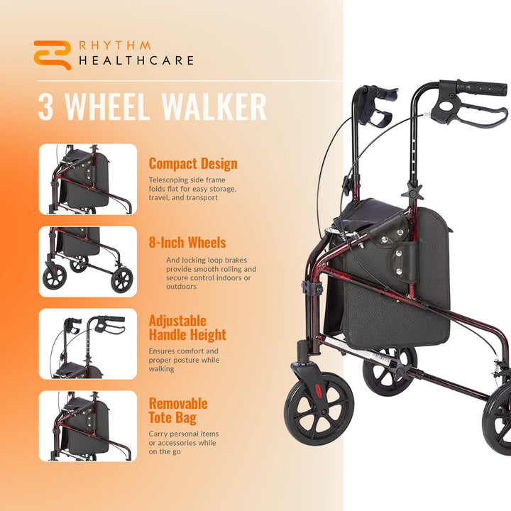 Rhythm Healthcare Rally Lite Aluminum 3-Wheel Folding Walker with Tote, Red