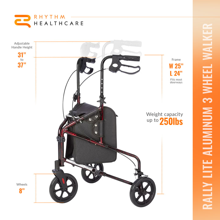 Rhythm Healthcare Rally Lite Aluminum 3-Wheel Folding Walker with Tote, Red