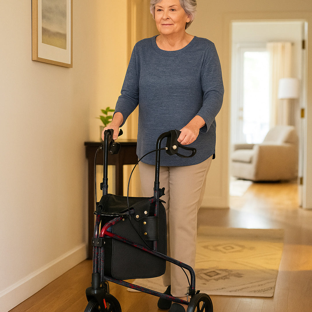 Rhythm Healthcare Rally Lite Aluminum 3-Wheel Folding Walker with Tote, Red