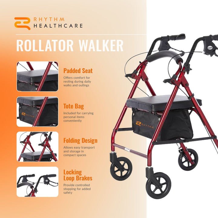 Rhythm Healthcare Royal Aluminum Rollator Lightweight 4 Wheel Walker Seat, Red