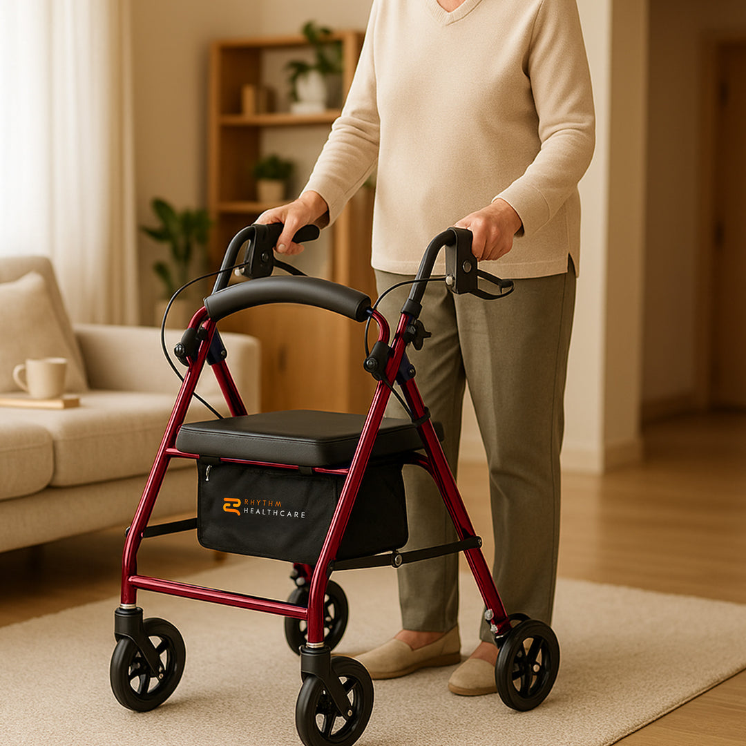 Rhythm Healthcare Royal Aluminum Rollator Lightweight 4 Wheel Walker Seat, Red