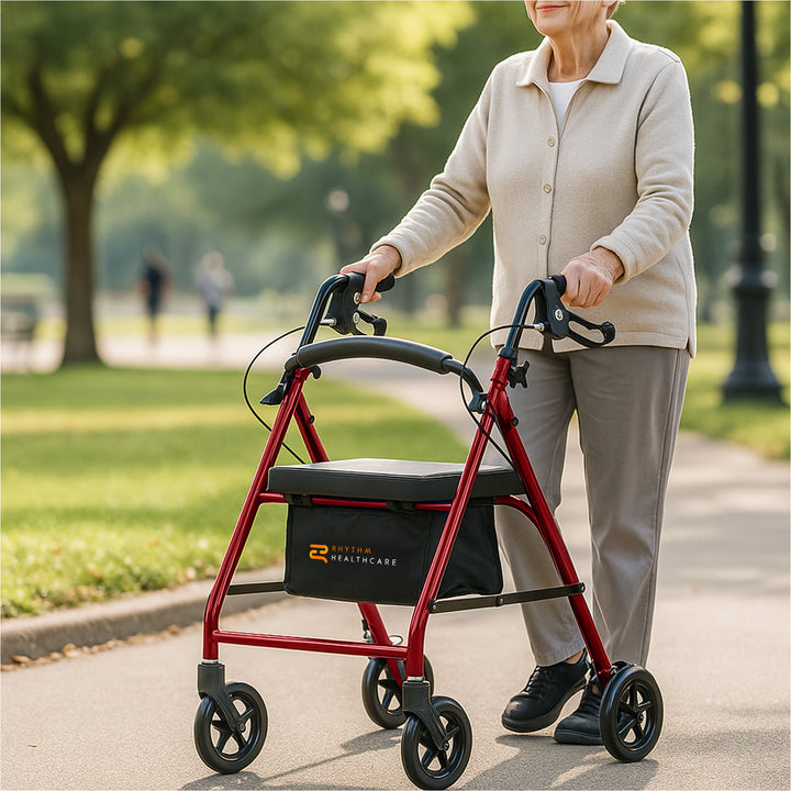 Rhythm Healthcare Royal Aluminum Rollator Lightweight 4 Wheel Walker Seat, Red