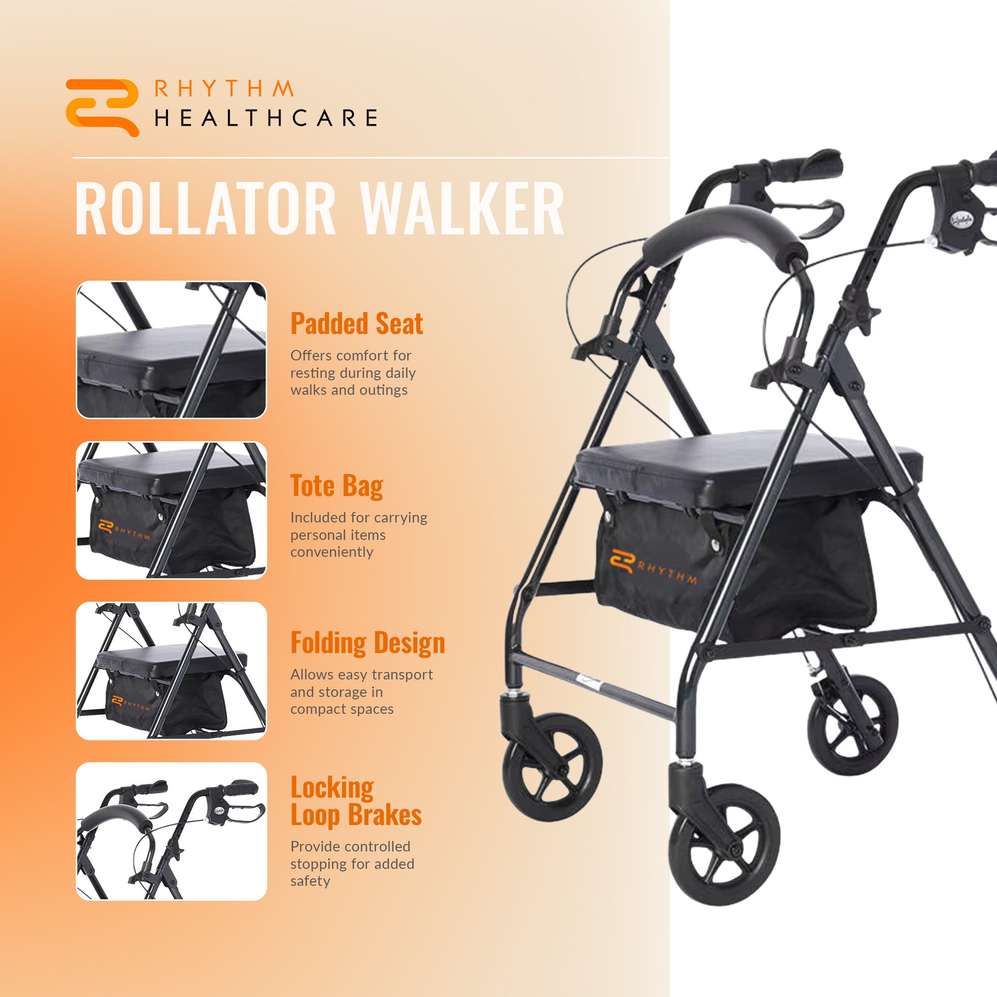 Rhythm Healthcare Royal Aluminum Rollator Lightweight 4 Wheel Walker Seat, Grey - VMInnovations