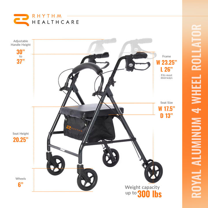 Rhythm Healthcare Royal Aluminum Rollator Lightweight 4 Wheel Walker Seat, Grey