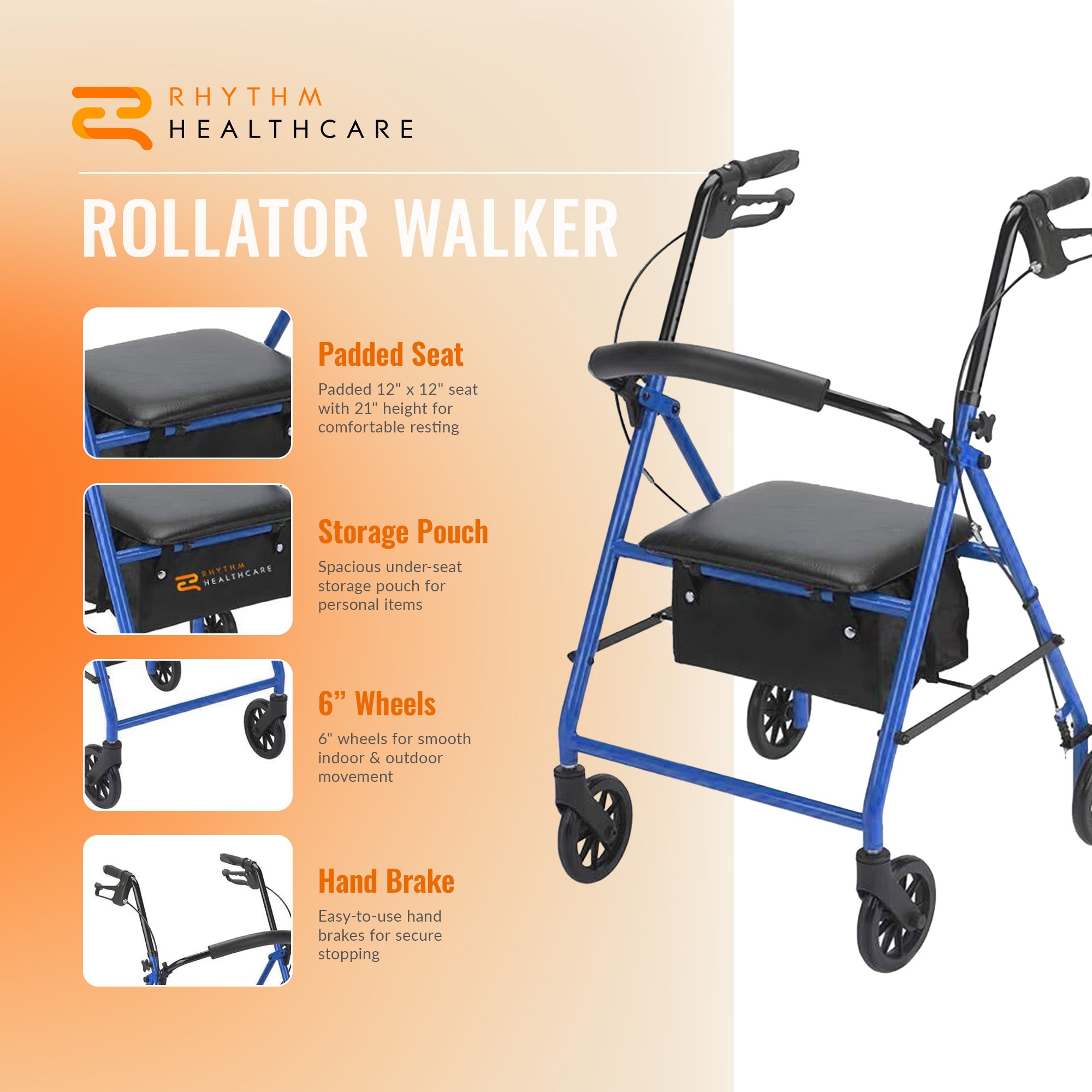 Rhythm Healthcare 4 Wheel Rollator Walker with 12x12" Seat and 6" Wheels, Blue - VMInnovations