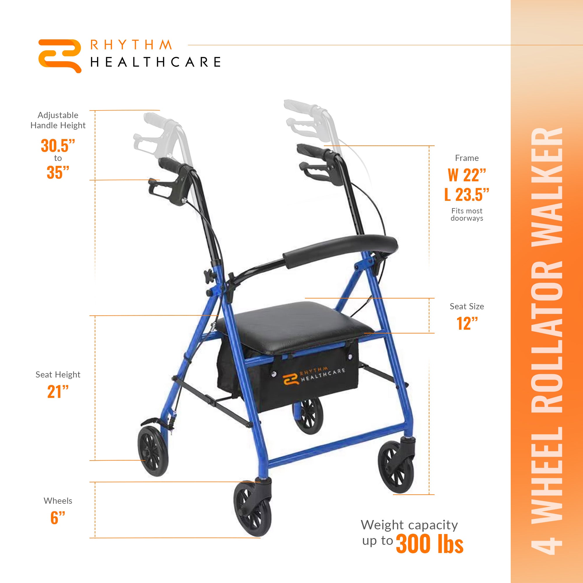 Rhythm Healthcare 4 Wheel Rollator Walker with 12x12" Seat and 6" Wheels, Blue - VMInnovations
