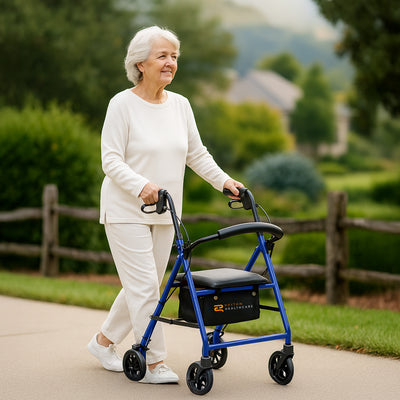 Rhythm Healthcare 4 Wheel Rollator Walker with 12x12" Seat and 6" Wheels, Blue